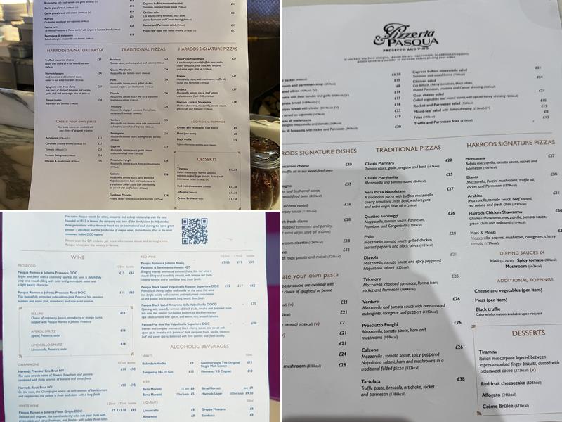 Harrods Pizzeria & Pasqua Menu
