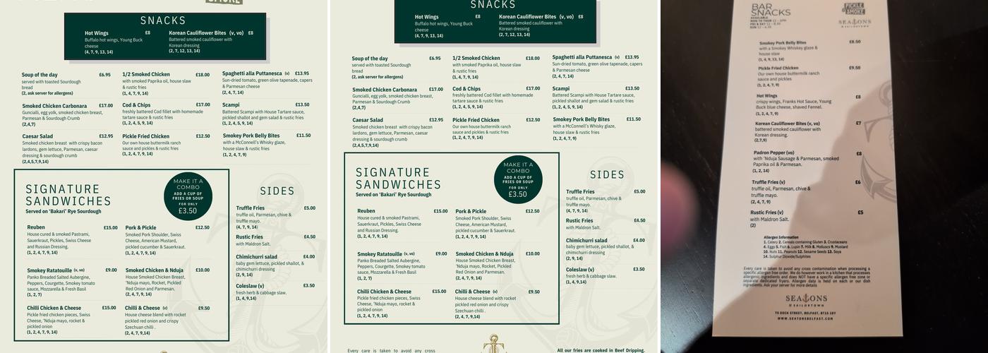 Seatons of Sailortown Menu