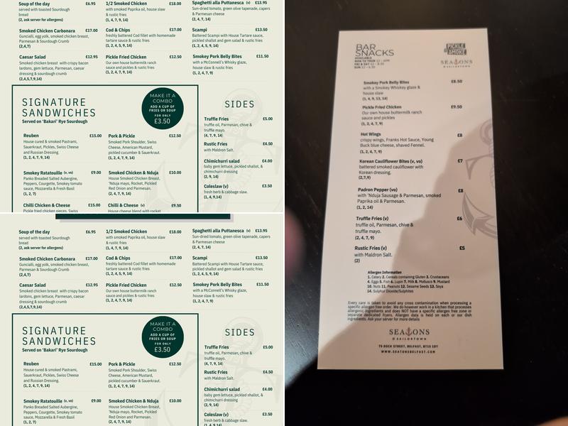 Seatons of Sailortown Menu