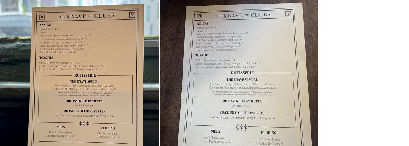 The Knave of Clubs Menu