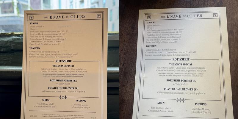 The Knave of Clubs Menu