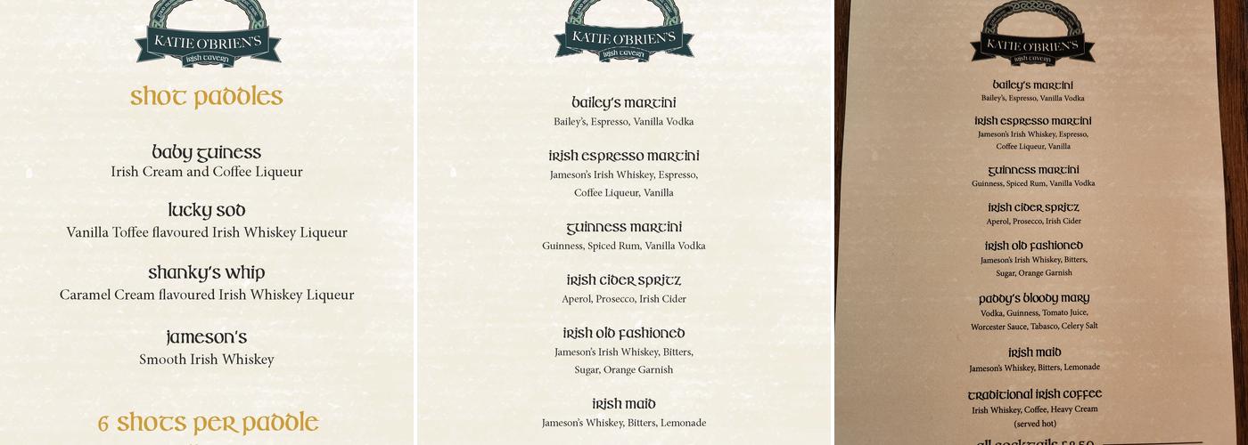 Katie O'Brien's Irish Tavern Newcastle Menu