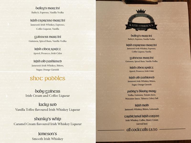 Katie O'Brien's Irish Tavern Newcastle Menu