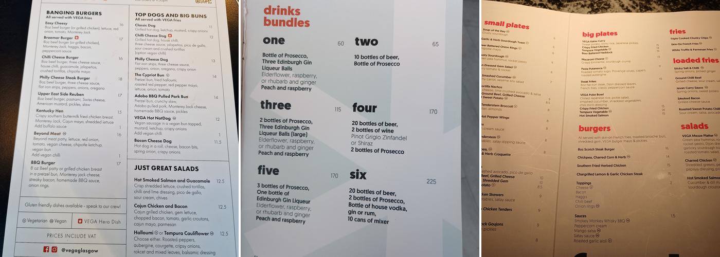 VEGA Restaurant & Bowling Glasgow Menu