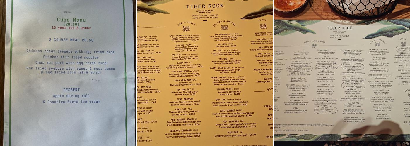 Tiger Rock Restaurant Renshaw Street Menu