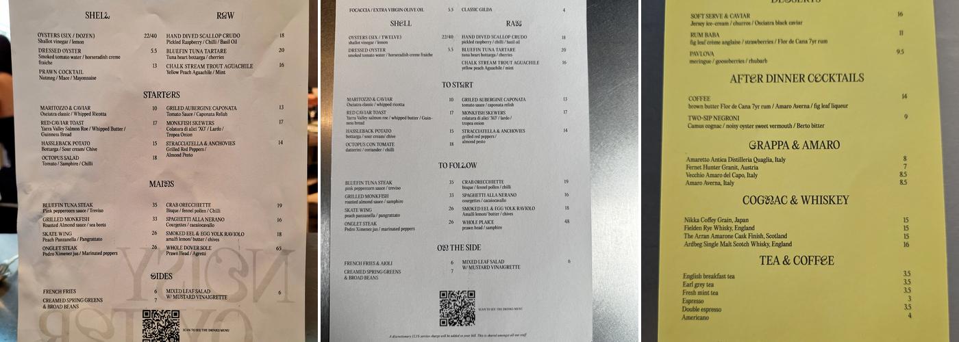 Noisy Oyster seafood bistro Menu
