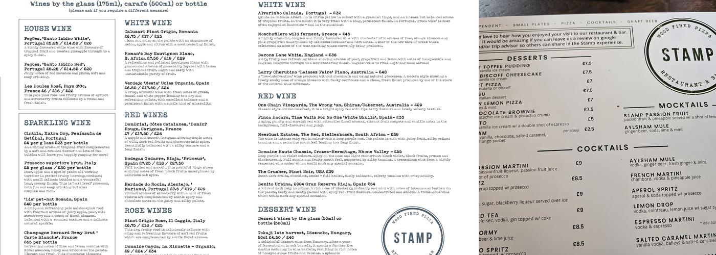 Stamp Pizza Menu