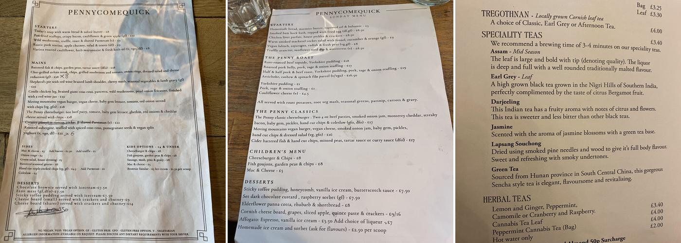 Pennycomequick Menu