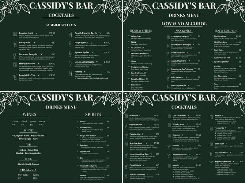 Cassidy's Bar Menu