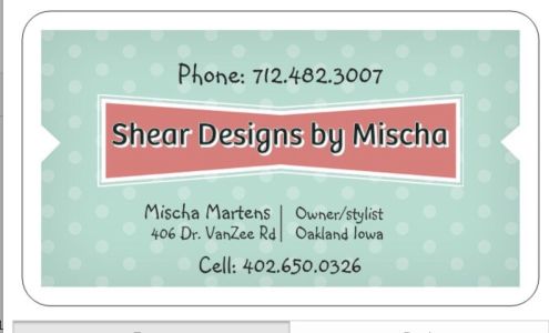 Shear Designs by Mischa 406 Dr Van Zee Rd, Oakland Iowa 51560