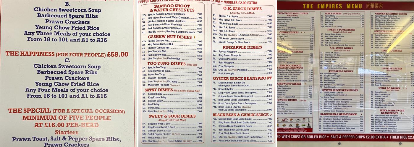 Empires Chinese Takeaway Menu