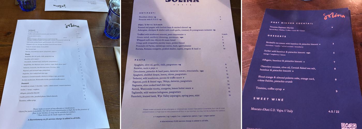 Solina Pasta Menu