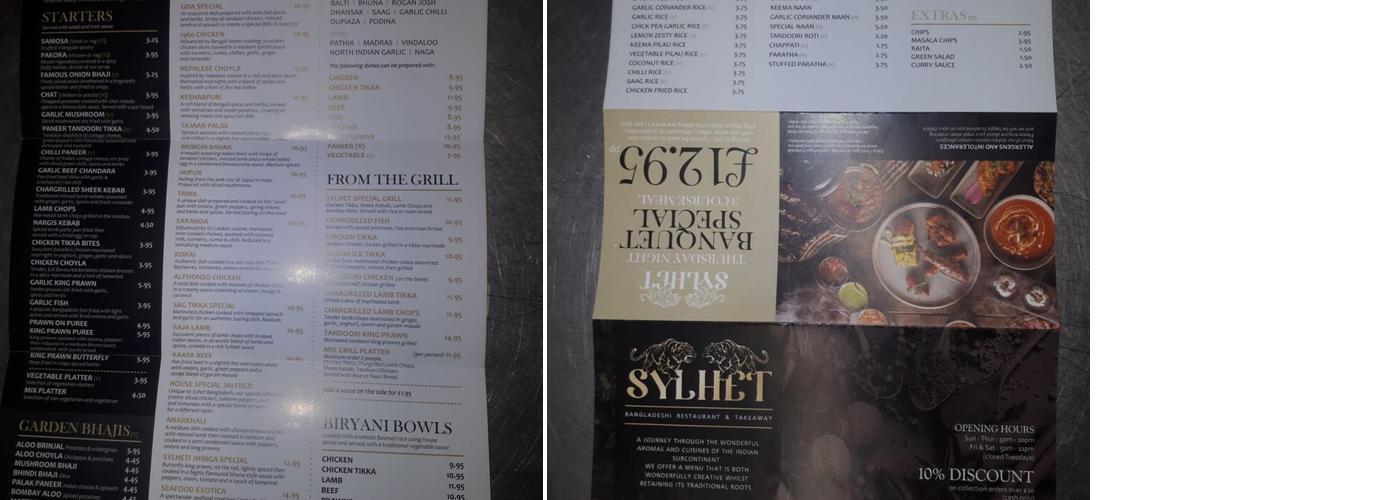 Sylhet Bangladeshi Restaurant Menu