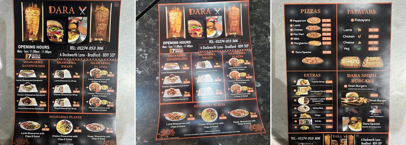 Dara Shawarma Menu