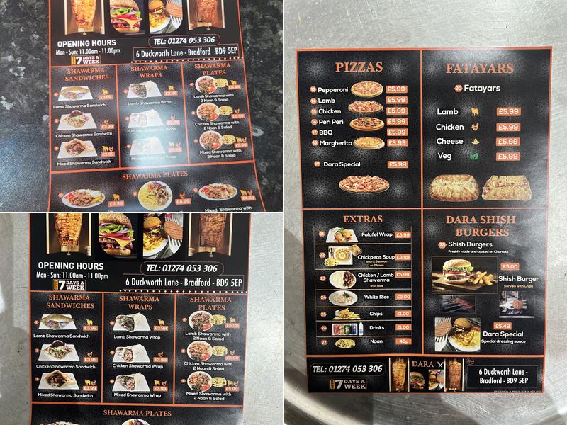 Dara Shawarma Menu
