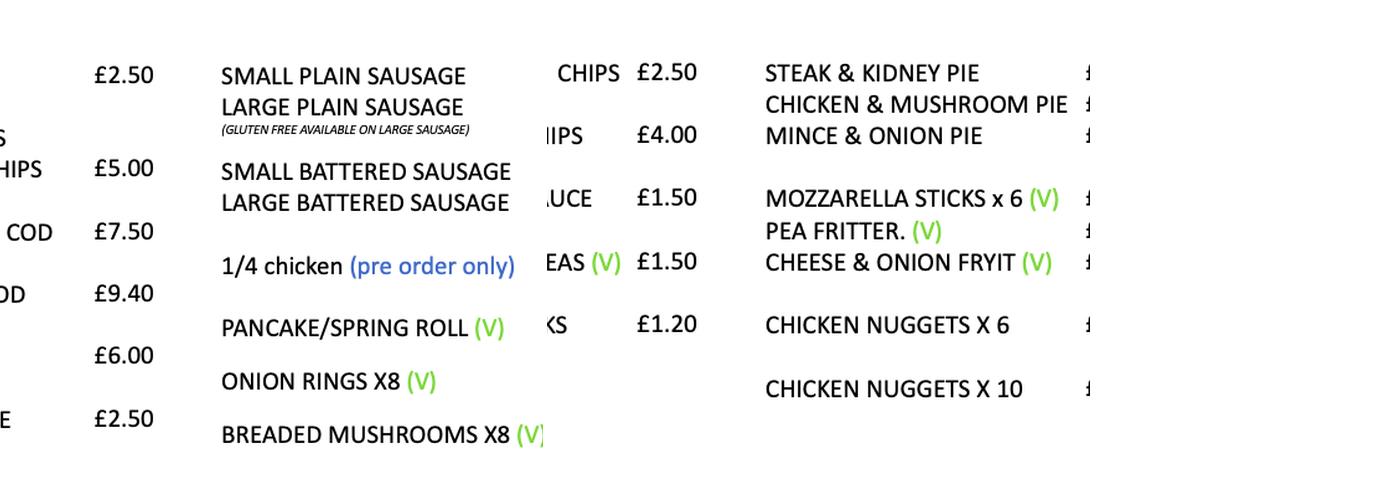 Donnington fish & chip van Menu