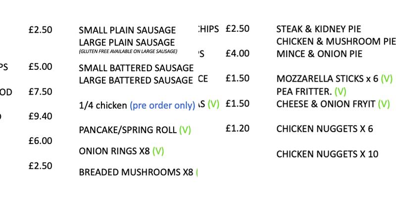 Donnington fish & chip van Menu