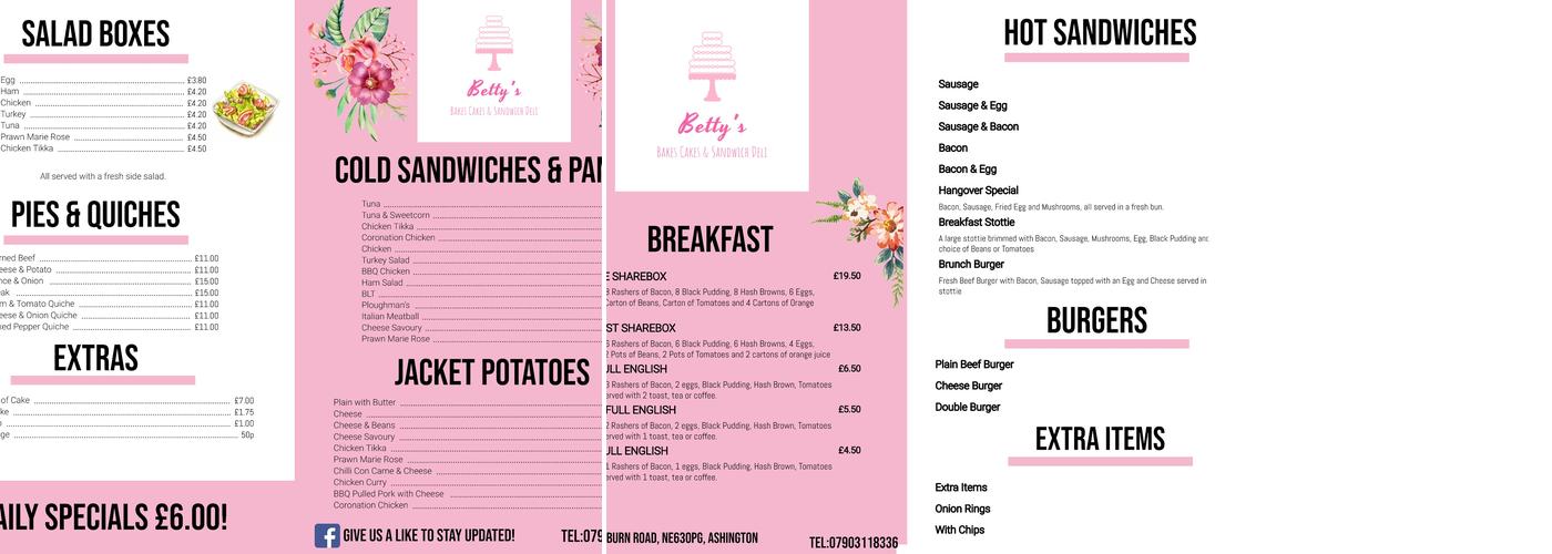 Betty’s Bakes and Cakes Menu