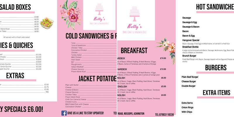 Betty’s Bakes and Cakes Menu