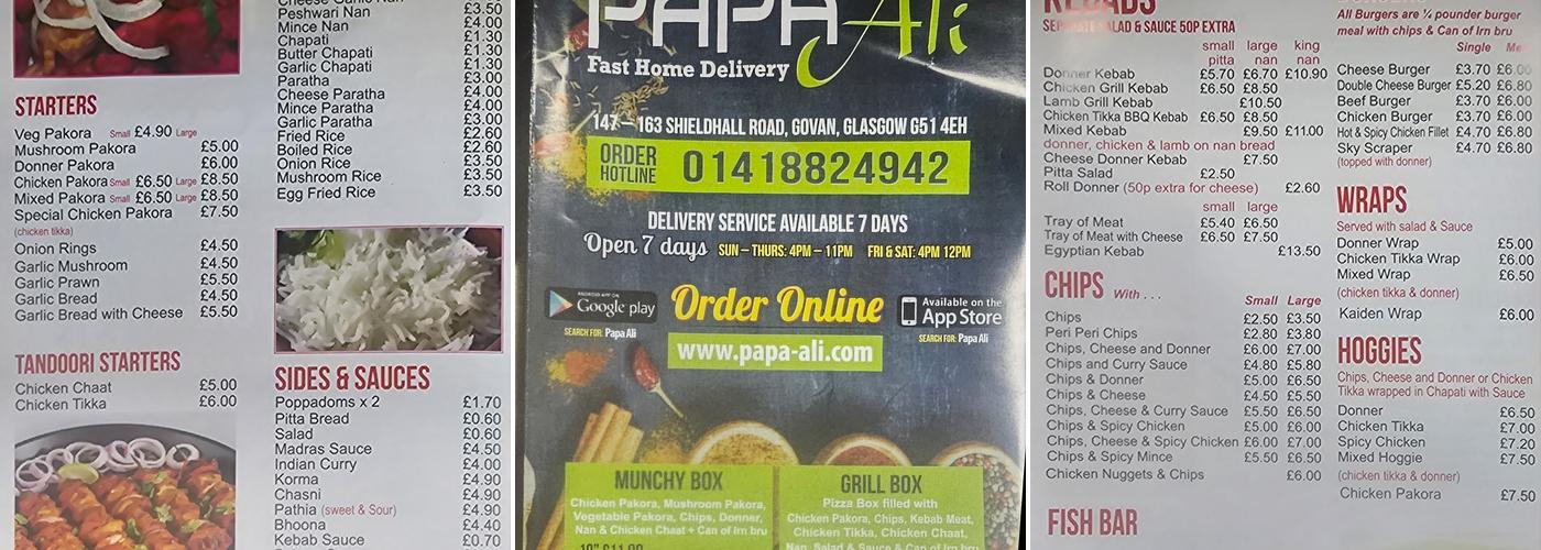 Papa Ali Indian Takeaway Menu