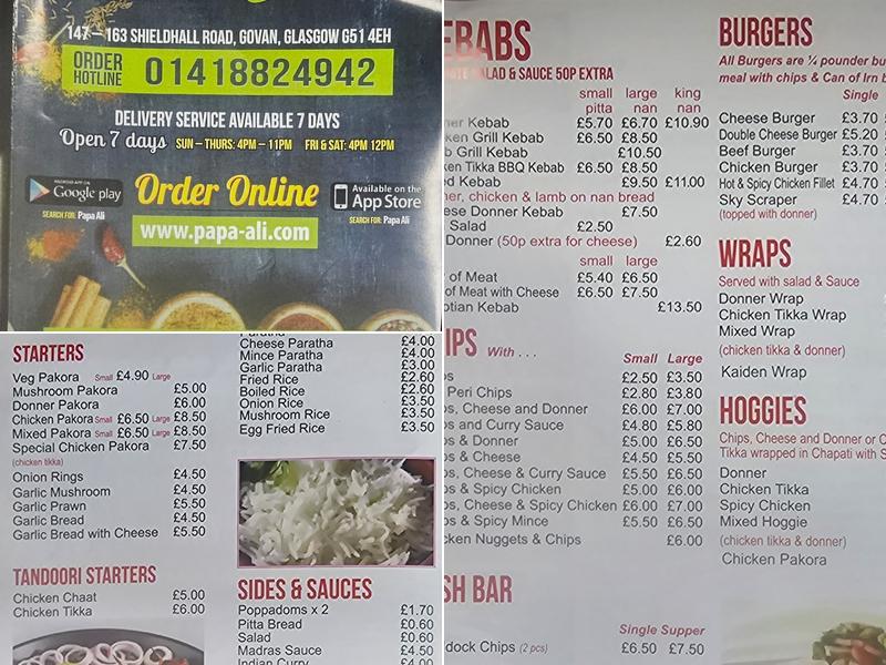 Papa Ali Indian Takeaway Menu