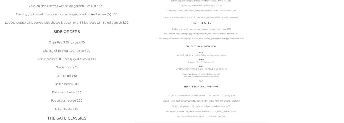 The Gate Inn Menu