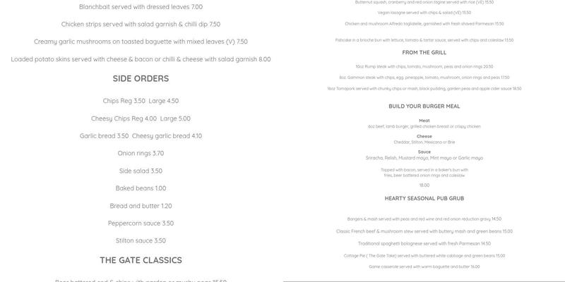 The Gate Inn Menu