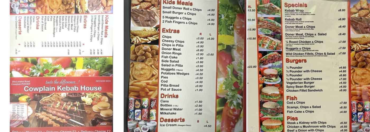 Cowplain Kebab house Menu