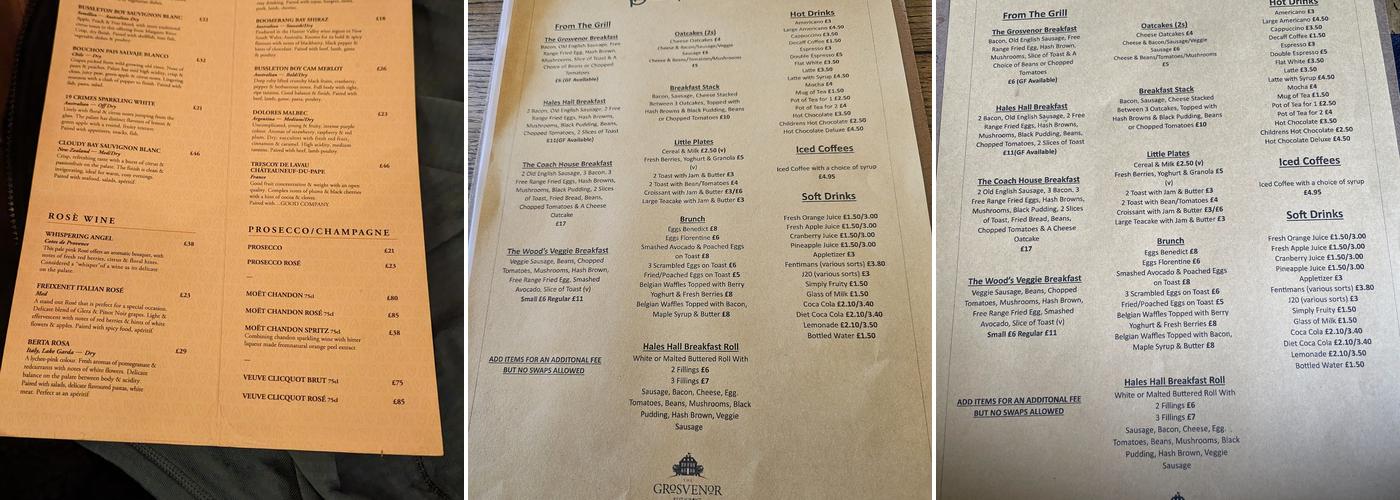 The Grosvenor Restaurant at Hales Hall Menu