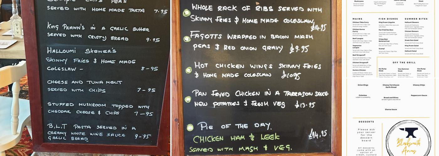 Blacksmiths Arms Menu