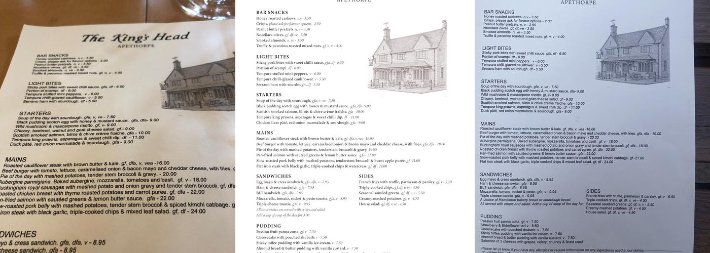 The King's Head, Apethorpe Menu