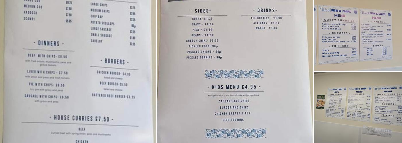Wool Fish & Chip Shop Menu