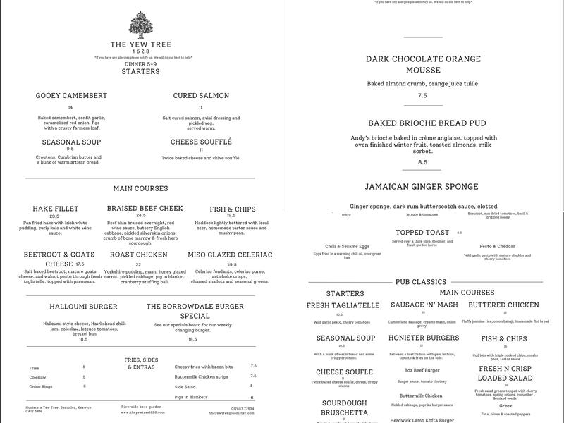 The Yew Tree Pub Menu