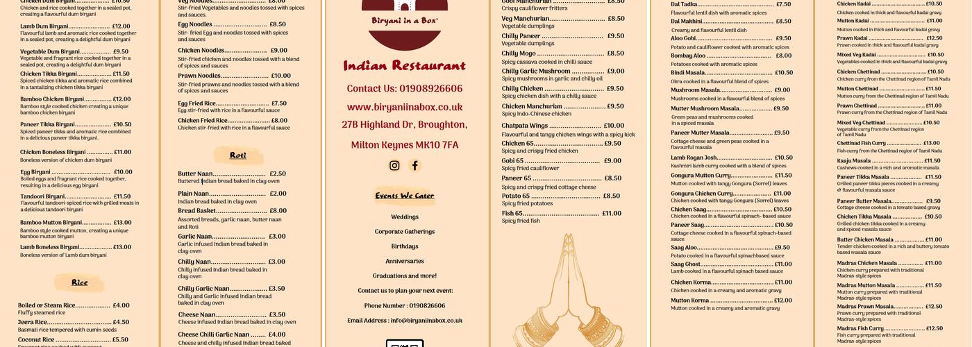 Biryani in a Boxx Indian Restaurant Menu