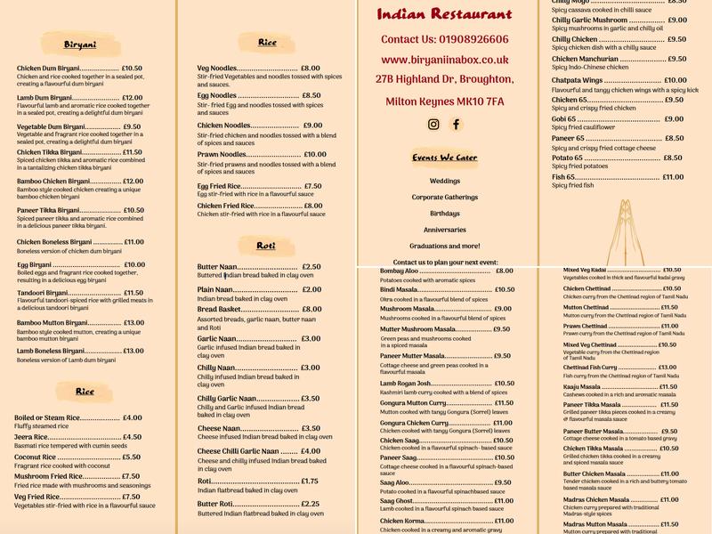 Biryani in a Boxx Indian Restaurant Menu