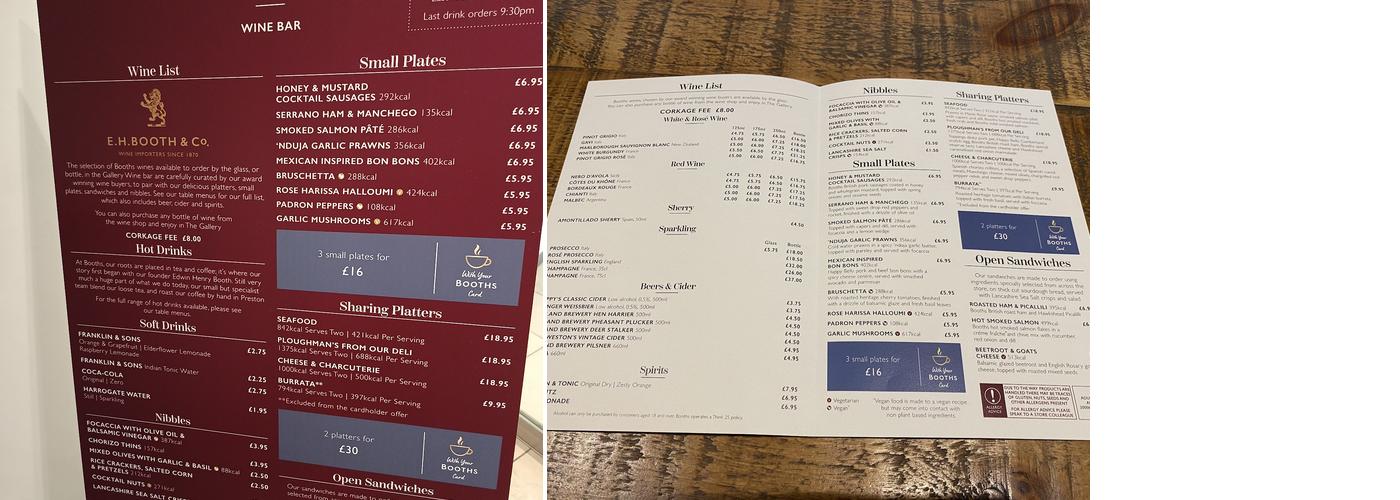 The Gallery Wine Bar @ Booths Menu