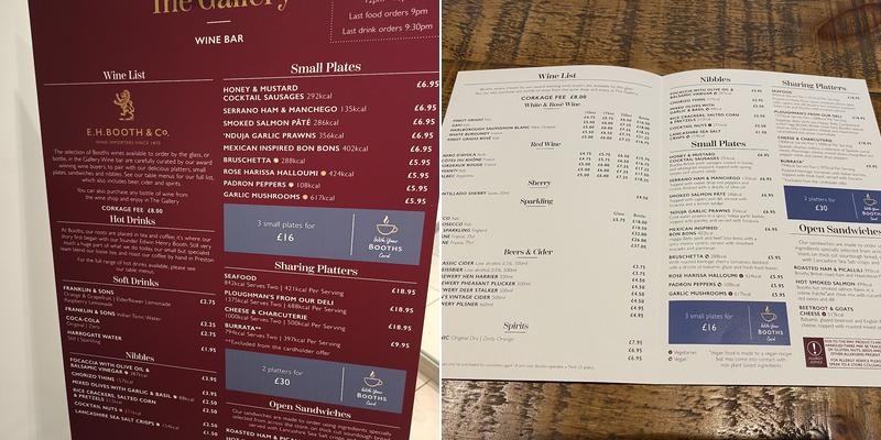 The Gallery Wine Bar @ Booths Menu