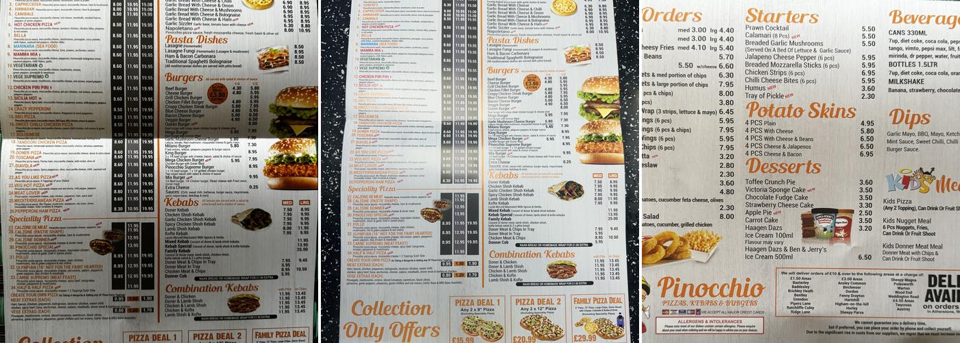 Pinocchio Pizzas Menu