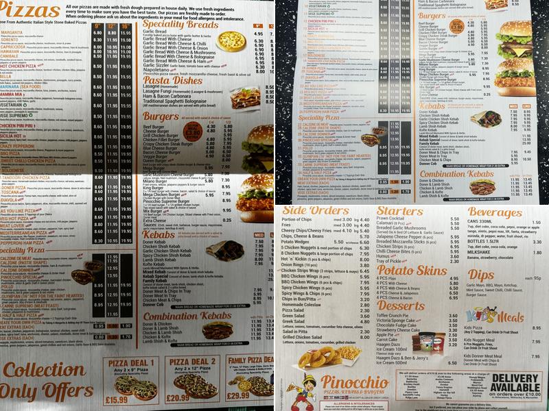 Pinocchio Pizzas Menu