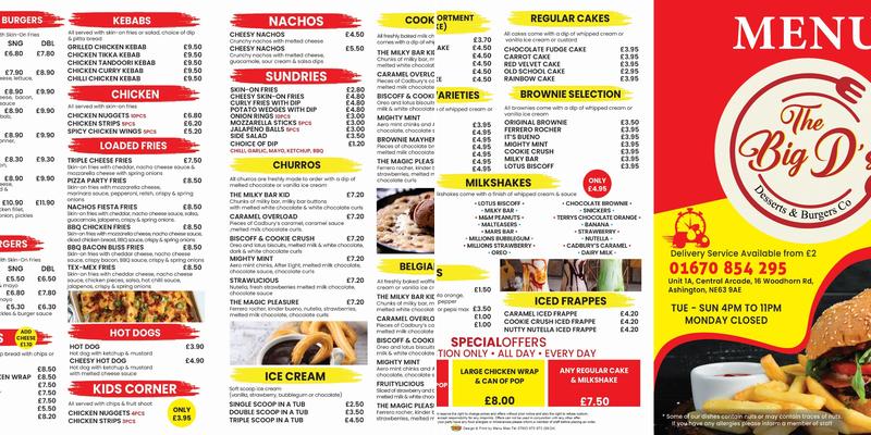 The Big D's Dessert and Burgers Co Menu