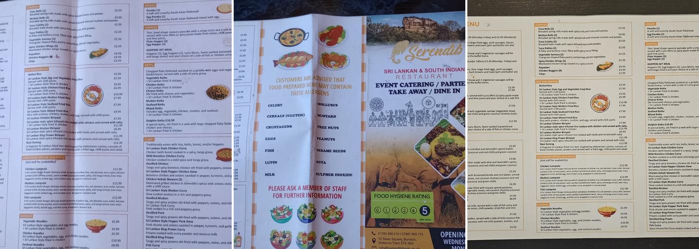 Serendib South Asian Restaurant Menu