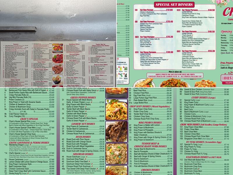 Chan's Cantonese Takeaway Menu
