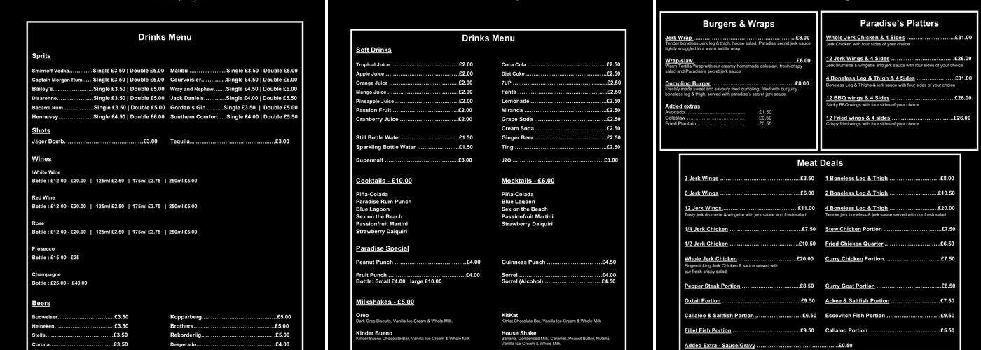 Paradise Romford Menu