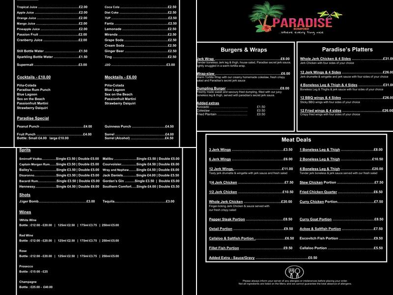 Paradise Romford Menu