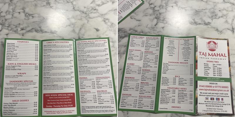 Taj Mahal Abercynon Menu