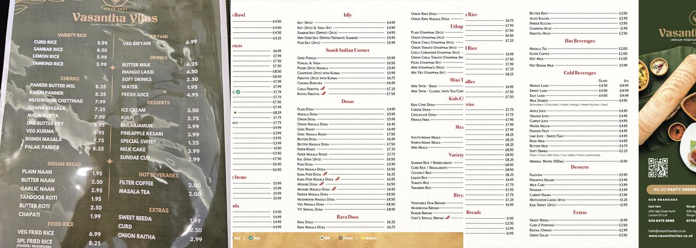 Vasantha Vilas - Surbiton Menu