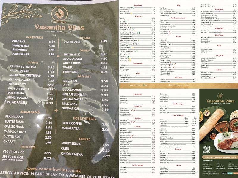 Vasantha Vilas - Surbiton Menu
