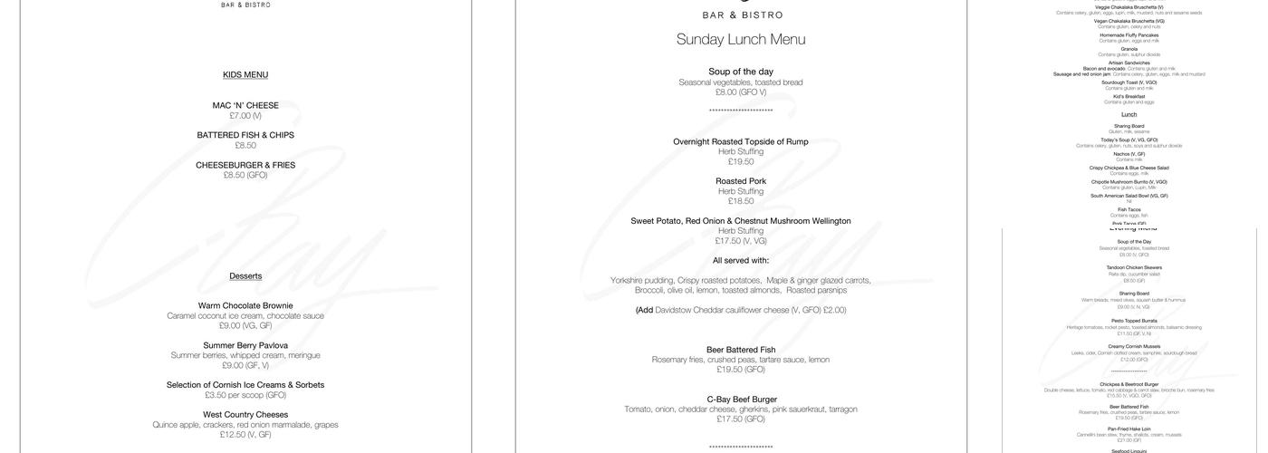 C-Bay. Bar & Bistro Menu