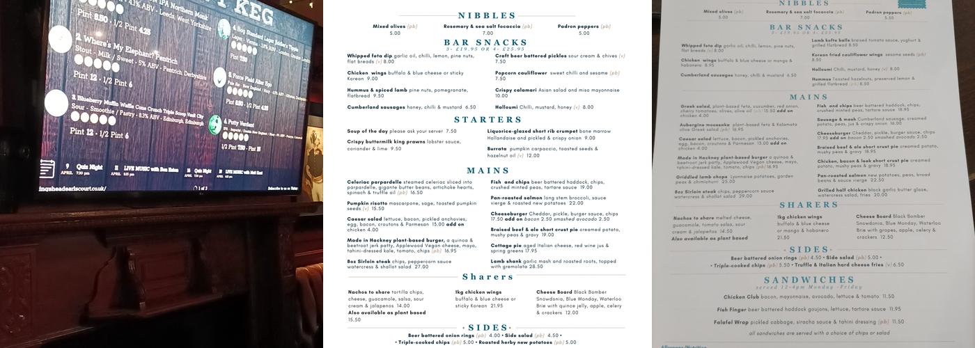 The King's Head, Earl's Court Menu