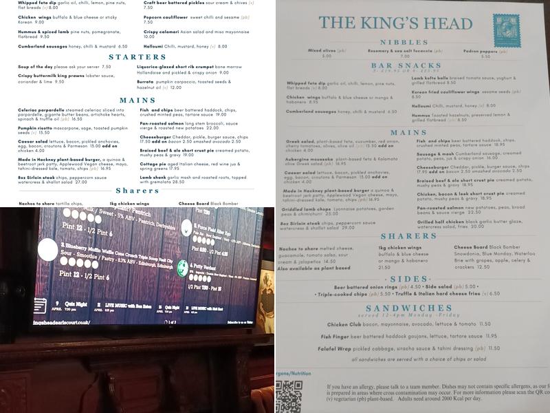 The King's Head, Earl's Court Menu